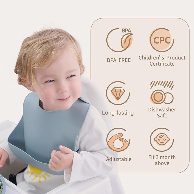 Moonkie Silicone Baby Bibs Set of 2, BPA Free Waterproof Baby Bibs for Eating, Soft Adjustable Silicone Bibs for Babies 6-12 Months, Toddler Bibs with Large Pocket Food Catcher (Ether/Muted)