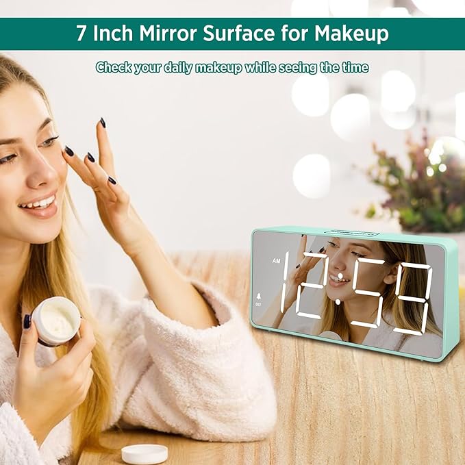 Peakeep Digital Clock, Alarm Clock Battery Backup Powered for Bedrooms - Mirror Face Large Numbers 6 Dimmers for Seniors, Super Loud for Heavy Sleepers (Aqua)