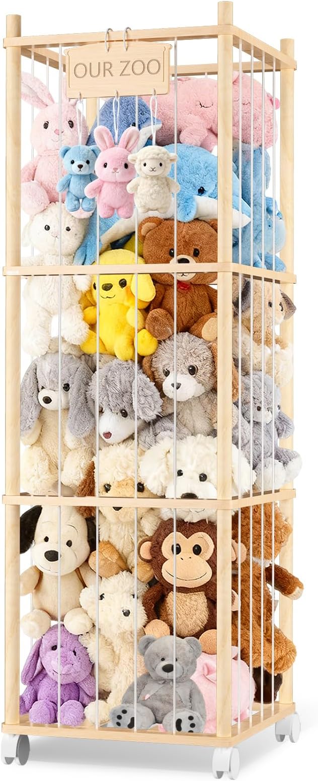 DUOQNY Stuffed Animal Storage, Wood Plush Toy Storage Organizer, Large Capacity Toy Cage with DIY Plaque Hang Small Objects, Gift for Nursery Playroom Kidroom Bedroom (54-Inch)