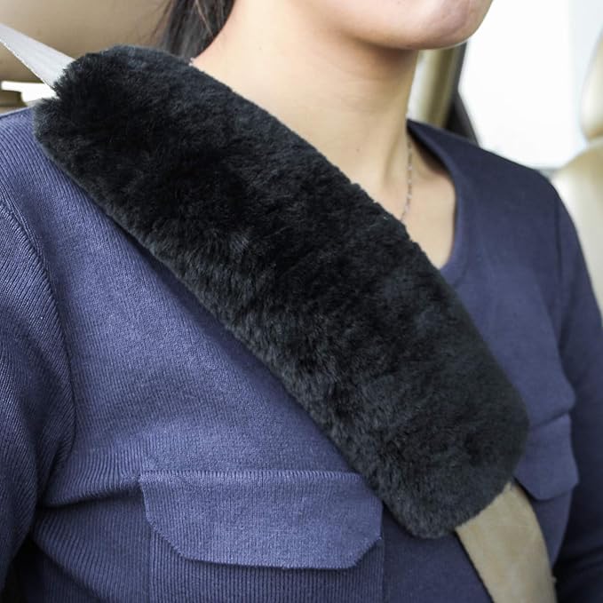 2pc Soft Genuine Sheepskin Wool Auto Seat Belt Cover Seatbelt Shoulder Pad for a More Comfortable Driving, Compatible with All Cars(Ink Black)