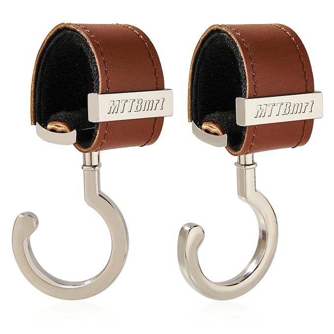 2 Pack Stroller Hooks,Strong Synthetic Leather Hook-and-Loop Fastener&High-Quality Metal Hooks,Universal Bag Clip|360° Rotation, 66lb Capacity,Non-Slip-Fits Wheelchair(Brown-Silver)