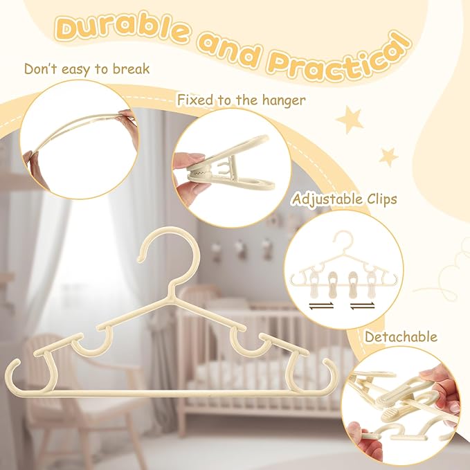 Hsei 5/10/40 Pack Baby Hangers with 10/20/80 Clips, Plastic Kids Pants Hangers for Nursery Closet Top and Bottom Clothes Hanger Set for Newborn Infant Toddler(30 Packs Total,Yellow,10.6 Inch)