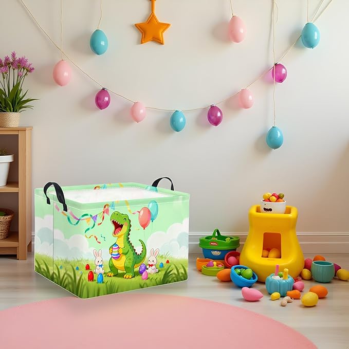 TIBAOLOVER Rectangular Easter Basket for Home Kitchen Baby Girls Basket Cute Storage Bin Organizer Shelf Book Room Decor(Happy Dinosaur)