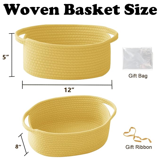 Small Woven Rope Basket-Empty Gifts Basket with Bag and Ribbons,Cute Handle Organizer Box for Birthday/Baby Shower, Toy Storage, Nursery Organizing & Shelf Decor(Yellow)