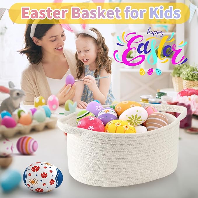 Cute Woven Gift Basket – Beige Empty Gift Basket for Nursery, Baby Shower Gifts, Birthday, Wedding, Burr Baskets for Valentines Day,, Decorative Storage Bin for Toys, Diapers, Books