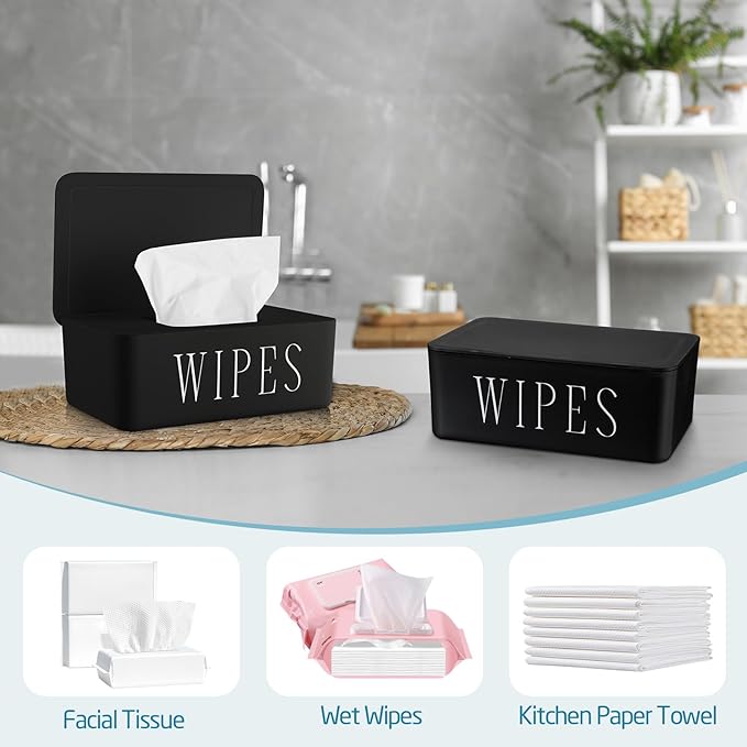 Singhoow 4 Pack Baby Wipes Dispenser Refillable Wipe Holder with Lid Toilet Wipes Container for Bathroom Tissue Paper Storage Box for Home Office (Black)