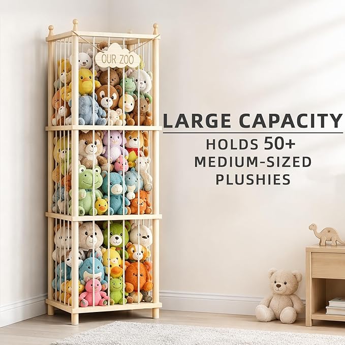 Stuffed Animal Storage Zoo - 54 Inch Large Wooden Toy Organizer | Anti-Tip Design Plushie Storage Rack for Nursery & Playroom | Easy Assembly