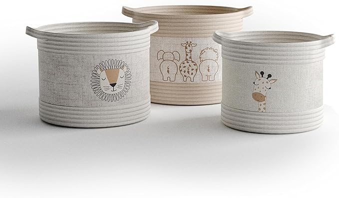 RGI Home Decorative Storage Baskets with Safari Animal Prints – Set of 3 Round Fabric Rope and Linen Organizer Bins for Nursery or Playroom, Multi-Sized with Easy-Carry Handles, Ivory, Tan, and Linen