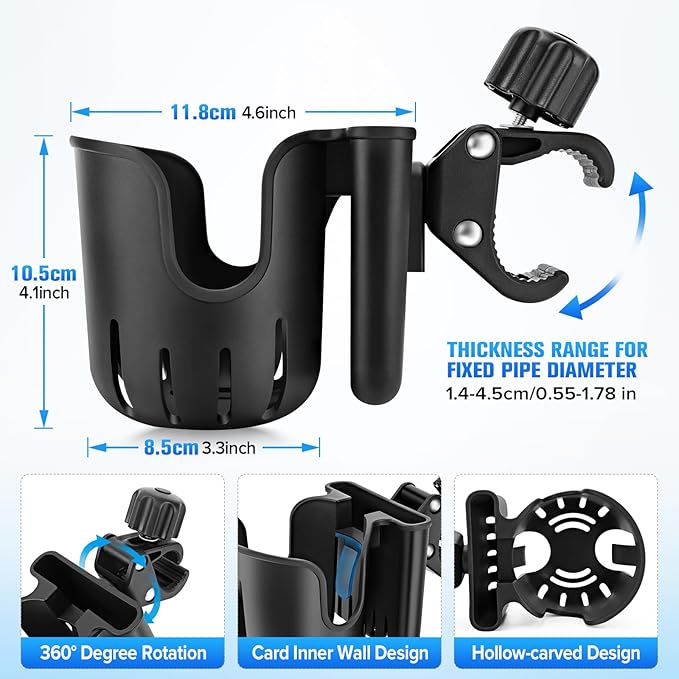 Stroller Cup Holder with Phone Holder, 2-in-1 Universal Cup Holder for Walker, Wheelchair, Bike, Scooter, Fits Most Cup, Black
