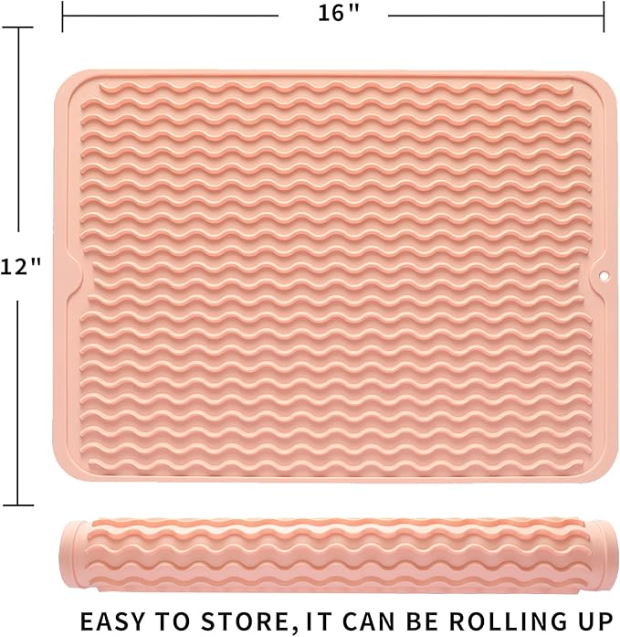 MicoYang Silicone Dish Drying Mat for Multiple Usage,Easy clean,Eco-friendly,Heat-resistant Silicone Mat for Kitchen Counter or Sink,Refrigerator or drawer liner Pink L 16 inches x 12 inches