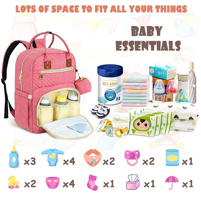 Tenot Baby Diaper Bag Backpack, Travel Diaper Bags for Babys Girl Boy Large Capacity Baby Bag Backpack for Women Pink