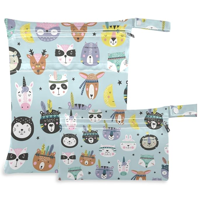 visesunny Funny Bear Unicorn Animal 2Pcs Wet Bag with Zippered Pockets Washable Reusable Roomy for Travel,Beach,Pool,Daycare,Stroller,Diapers,Dirty Gym Clothes, Wet Swimsuits, Toiletries