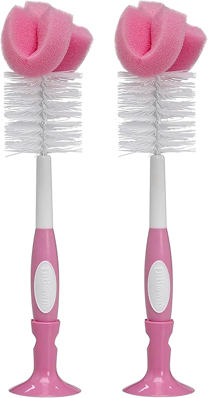 Dr. Brown's Reusable Sponge Baby Bottle Cleaning Brush with Suction Cup Stand, Scrubber and Nipple Cleaner, BPA-Free, Pink, 2-Pack