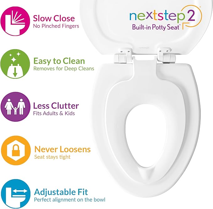 Mayfair NextStep2 Toilet Seat with Built-In Potty Training Seat, Slow-Close, Removable that will Never Loosen, Round, White, 2-Pack