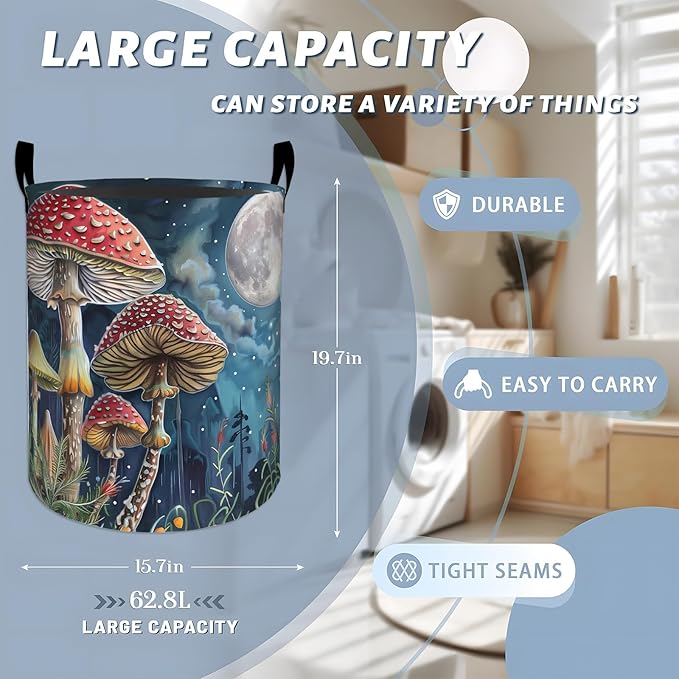Charming Mushrooms Under Full Moon Laundry Basket with Handles, 19.7"x15.7" Clothes Foldable Laundry Hamper Organizer for Dorm Nursery Bedroom Bathroom Decor, Toy Storage Bin for Kids