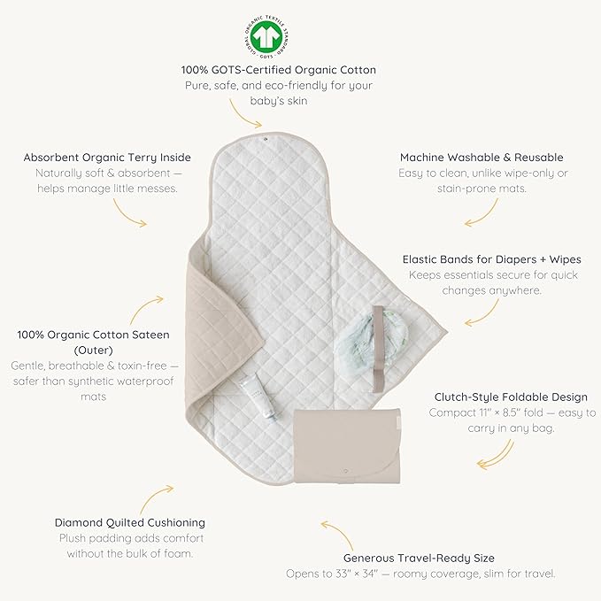 Makemake Organics Organic Portable Changing Pad GOTS Certified Organic Cotton Fill Portable Diaper Changing Mat Diaper Clutch Changing Station Kit Compact Travel Pad (33"x34", Solid Taupe)