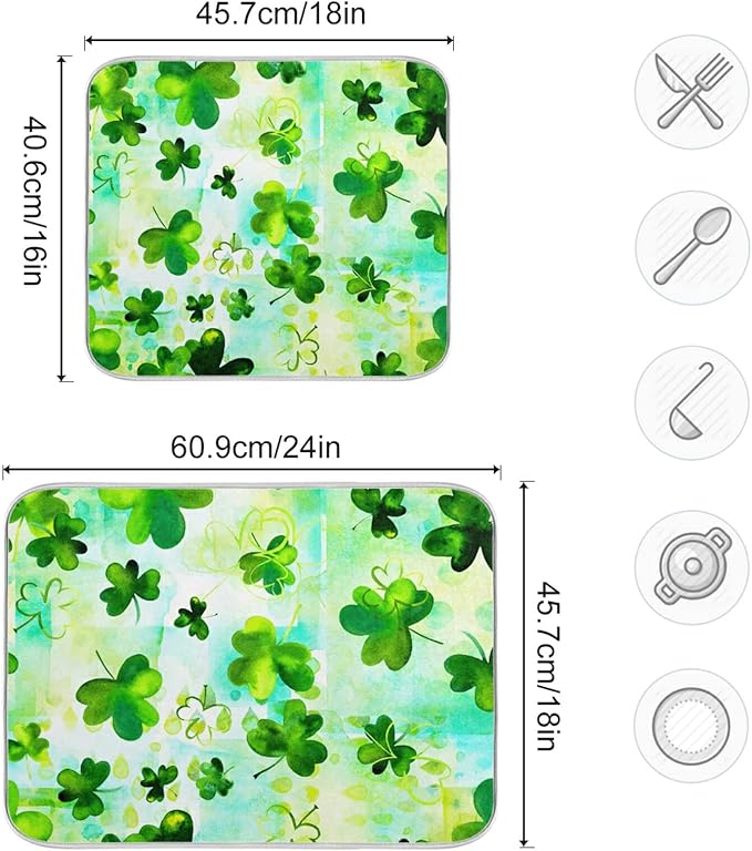 Absorbent Dish Drying Mat for Kitchen Counter - Clover Clover Microfiber Drying Pad, Reversible Drainer Mats for Countertop, Small 16" x 18"