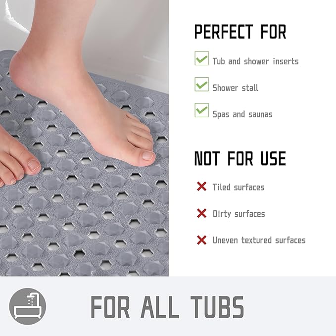 Yimobra Square Shower Floor Mat Non Slip, 21"x21" Machine Washable Bath Tub Mat, Soft on Feet, Bathmat with Drain Holes and Suction Cups, Fast Draining, Grey