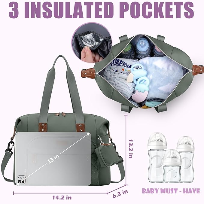 Tuwubi Diaper Bag Tote,Baby Diaper Bag with Pacifier Case Large Travel Diaper Tote Caddy for Mom and Dad Multifunction Baby Bag - M-Olive Green