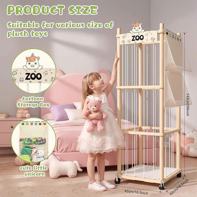Nynicorny Stuffed Animal Storage Zoo Tower, Wooden Toy Organizer with Wheels, 56inch Large Cute Stuffy Holder & Plushie Storage Bag, Premium Wooden Material For Toddler Rooms, Playrooms & Bedrooms