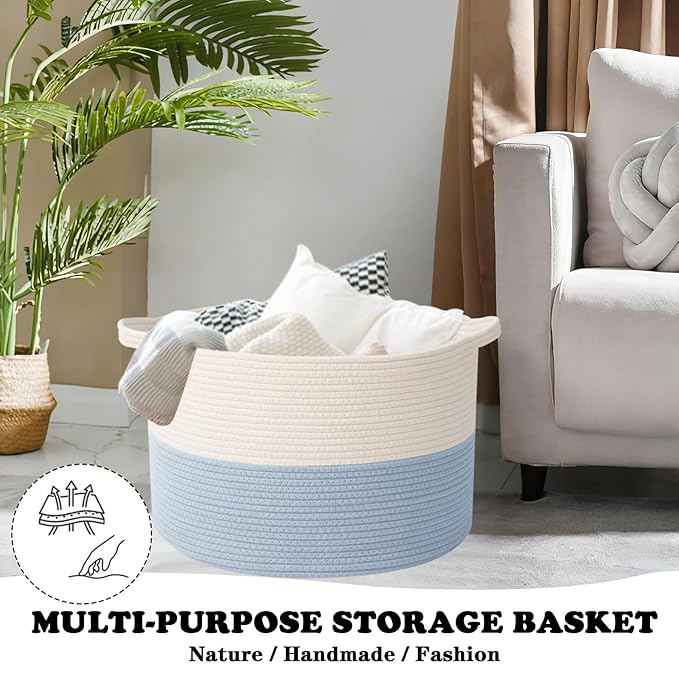 Large Storage Basket with Handle,23.6" x 23.6" x 15.7" Blanket Basket Storage Bins for Organizing,115L Cotton Rope Woven Baskets for Living Room, Nursery,Bedroom,White&Blue