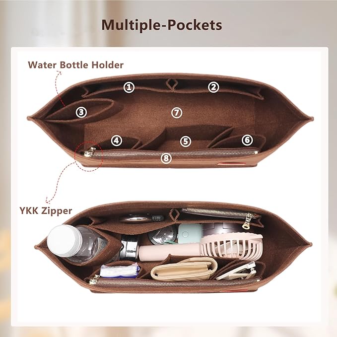 Purse Organizer Insert, Tote Bag Organizer Insert with Base Shaper,Felt Zipper Handbag Shaper Compatible with Neverfull MM Speedy 30, City 33 and More,Brown/L