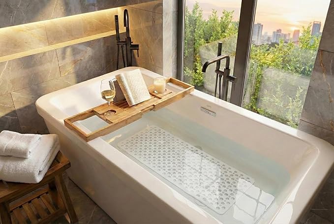 Nonslip Bath Tub Shower Mat with Suction Cups, Extra Soft TPE Bath Mat for Kids, Bathtub Bathroom Mats, Machine Washable, Smooth/Non-Textured Tubs Only, 35L x 16W Inch(White)