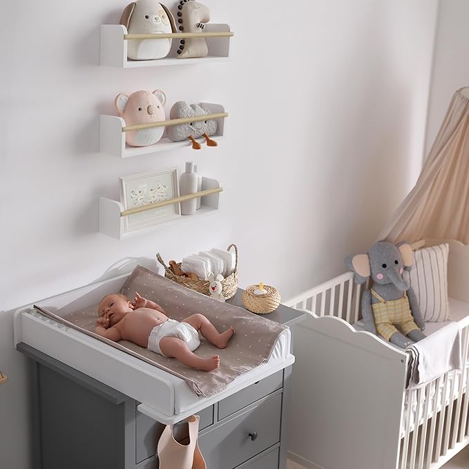 Decorative Nursery Bookshelves for Kids - Set of 3 Easy to Install Floating Shelves for Wall Mount - Beautiful Hanging Organizer Furniture for Your Baby Boy or Girl's Bedroom and Play Room Decor