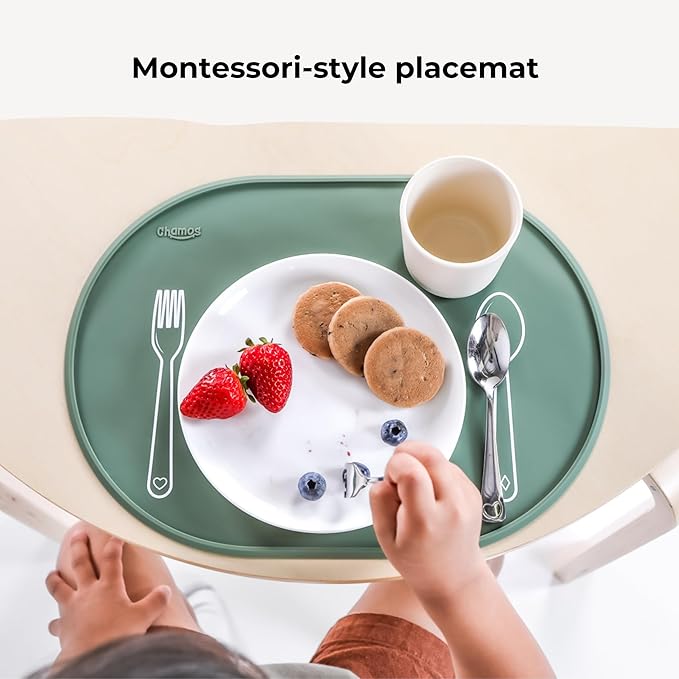CHAMOS Silicone placemats for Toddlers - Montessori placemat for Round Table - Oval Kids placemats for Dining Table - Non Slip, Small, Educational placemats (Gray), 14.17x10.23 inch