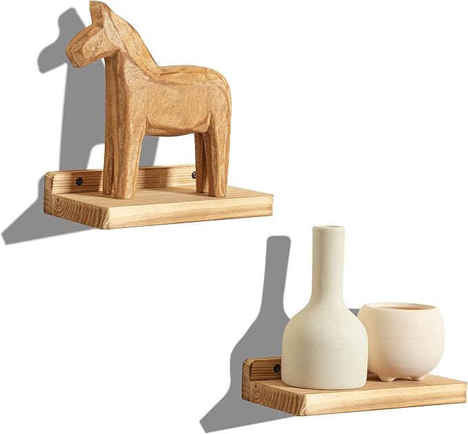 Freezing point Small Floating Shelf for Wall Set of 2 Natural Wood 8Inch Mini Wall Shelves Decor Plant Display Collectibles Mounted Kitchen Bathroom Bedroom Corner Decorative Storage Tiny Stand