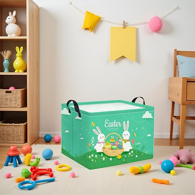 TIBAOLOVER Rectangular Easter Basket for Home Kitchen Baby Girls Basket Cute Storage Bin Organizer Shelf Book Room Decor(Green Cute Bunny)