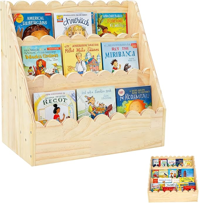 OCMML Kids Bookshelf-3-Tier Wooden Book Shelf for Kids Rooms,Nursery&Toddlers Montessori Bookcase with Deep Storage Pockets, Baby Book Storage,Children's Bookshelf for Nursery&Bedroom (Small)