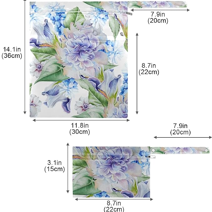 visesunny Hyacinth Iris Anemone 2Pcs Wet Bag with Zippered Pockets Washable Reusable Roomy Diaper Bag for Travel,Beach,Daycare,Stroller,Diapers,Dirty Gym Clothes,Wet Swimsuits,Toiletries
