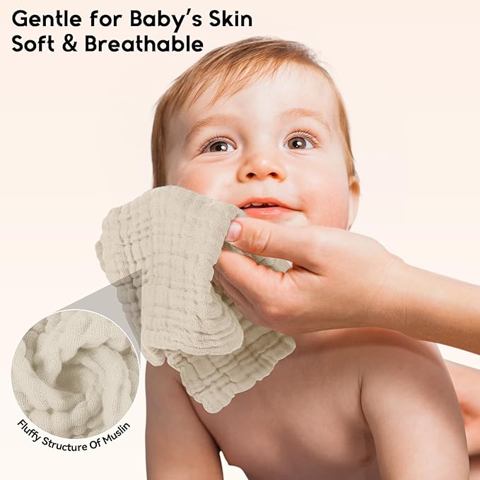 Unnivoll Muslin Burp Cloths Baby 12''X12'', Baby Washcloths 6 Pack, 100% Cotton Baby Wash Cloths Absorbent and Soft for Newborn Infants Kids Boys Girls - Apricot
