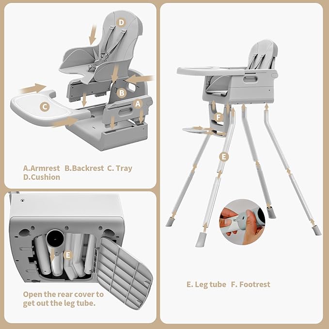 Portable 3 in 1 High Chairs for Babies and Toddlers, Convertible Baby Feeding Chair with Tray, Easy Clean Baby High Chair for Toddler with Foot Rest, Infant Highchairs & Booster Seats with Cush Grey