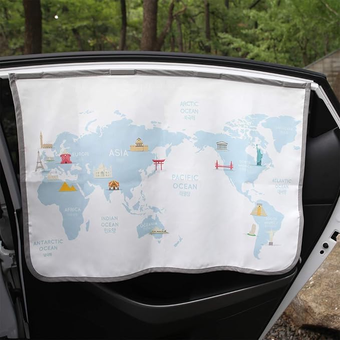 BEBEDECO Magnetic Car Sun Shade Curtain for Side Window – Sun Blocker and UV Protector for Baby, Kids, and Pets – Universal Fit with Built-in Magnets for Steel-Framed Door (Be-Travel Map)