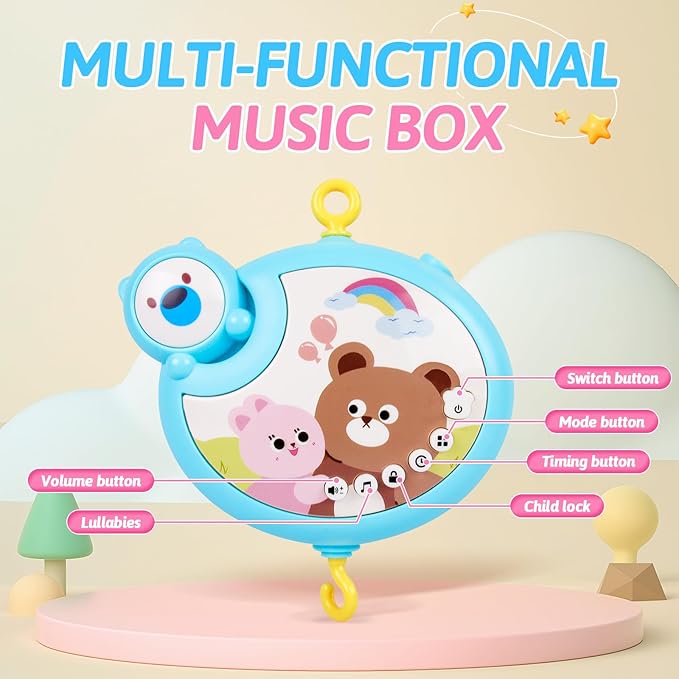Crib Mobile with Music and Lights, Baby Mobiles for Cribs, Nursery Musical Mobile for Bassinets Toys Hanging Girls Boys, Pack and Play Space Portable Animal Mobile Hanger Arm Clip On Attachment