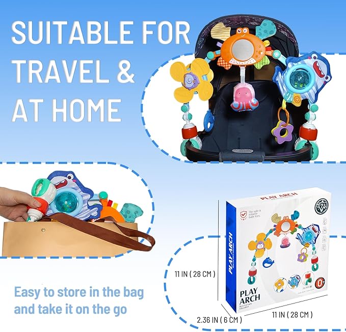 Adjustable Baby Stroller Arch Toy, Car Seat Toys for Infants 6-12 Months Bassinet Hanging Toy Bar Attachment with Mirror & Sound, Crib Comfort Gift for Birthday, Baby Shower