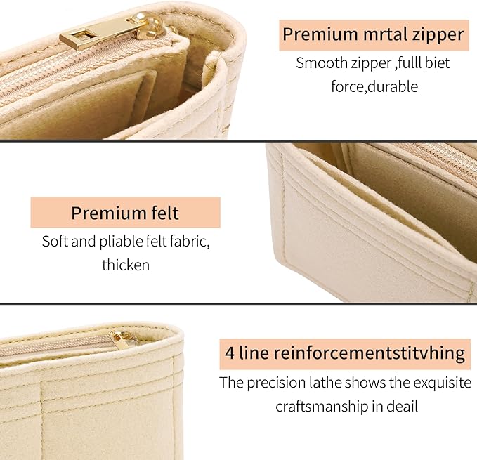 LOUKAYCCI Felt Insert Purse Organizer with Zipper fit GG Marmont Matelasse Shoulder Bag, Organizer Handbag Tote Liner Pouch for Women Inner Bladder Bag Storage Bag (Mini, Beige)