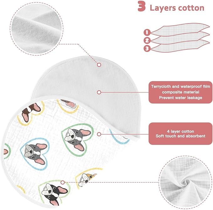 Qinllo 4 Pack Muslin Burp Cloths Bulldog Hearts White Cotton Baby Burp Cloths Ultra Absorbent Soft Thick Burping Cloth for Newborn Babies Boys Girls 22x11 Inch