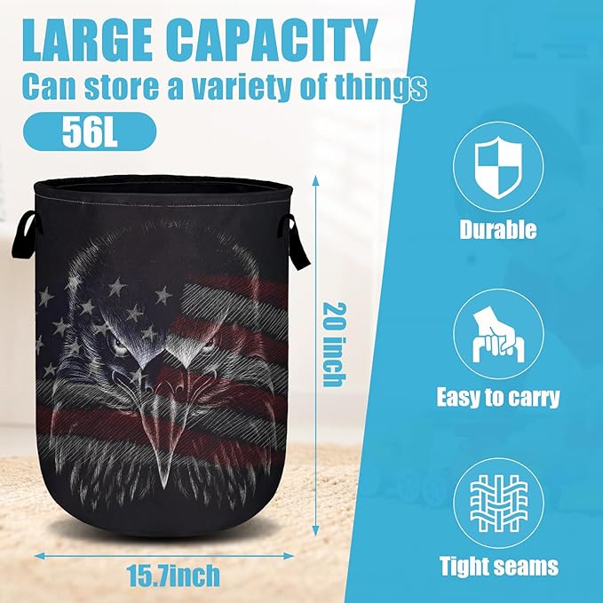 American Flag Eagle Laundry Basket, Laundry Hamper Collapsible Oxford Cloth with Handle Clothes Toy Storage Bin for Bathroom Laundry Room Bedroom 15.7 X 20 Inch