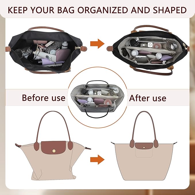 Doxo NEW Purse Organizer Insert for Longchamp LePliage Large,Fixed Handle, Bag Shaper with Key Leash& 16 Compartments, Upgraded Elastic Cup Holder(Black&White,L)