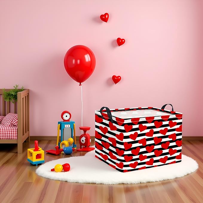 TIBAOLOVER Rectangular Valentines Basket for Women Girls Storage Bin Organizer Box Shelf Room Decor(Black Red Heart)