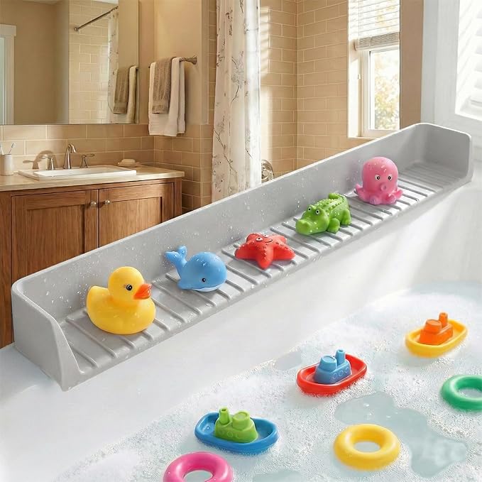 Bathtub Splash Guard for Kids - 31 Inch Silicone Tub Side Shelf with Strong Suction Cups, Toy Tray Holder to Prevent Water Spills, Keep Bathroom Dry (Gray)