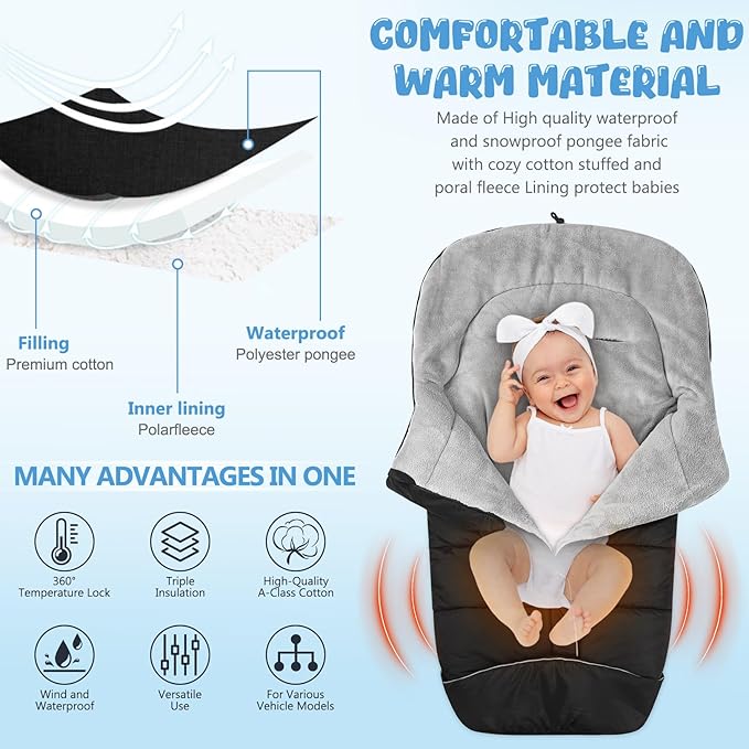Universal Baby Footmuff for Strollers,Stroller Cover for Winter with Hooded Design,Waterproof and Windproof Winter Sleeping Bag with Coral Fleece Lining, Baby Bunting Bags for Most Strollers (BLACK)
