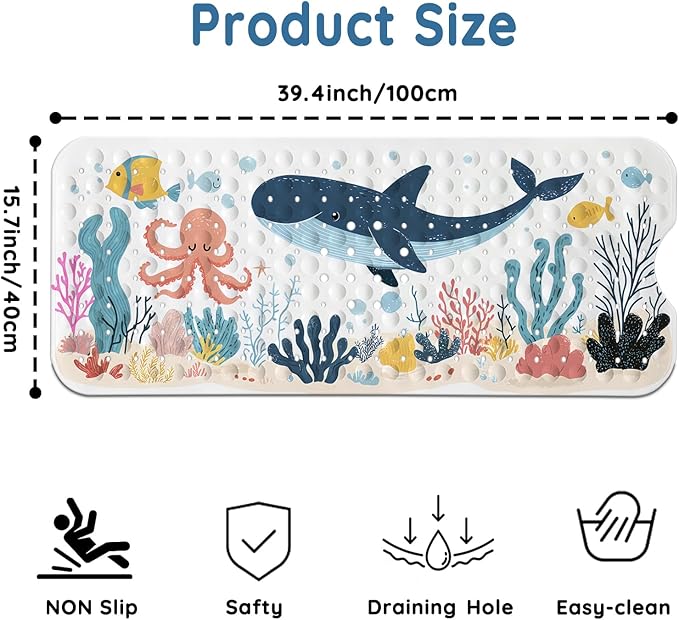 LNOND Bath Mat for Tub for Kids, Toddler Bathtub mat Non Slip, Whales and Coral Kids Bath Mats for Bathroom Non Slip with Drain Holes and Suction Cups,Machine Washable (40 X 16 Inch)