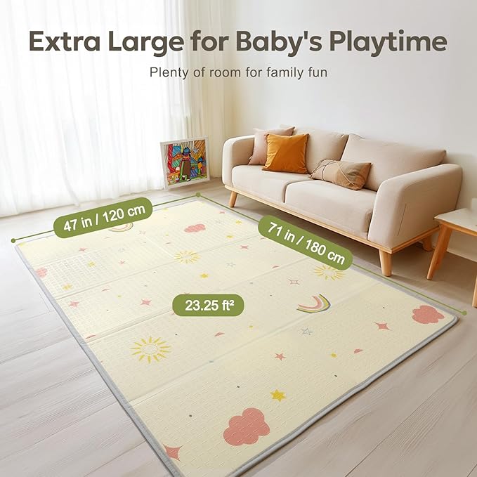 Mallify Extra Large Foldable Play Mat, Reversible Baby Play Mat with Edge Reinforcement, Non-Toxic & Waterproof Baby Mat for Floor, Foam Playmat for Infants Toddlers, Rainbow, Cloud & Moon, 47''x71''
