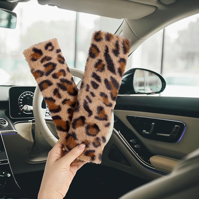 2pcs Cheetah Print Seat Belt Cover Pads, Cute Plush Car Seat Straps Shoulder Cushions Fluffy Soft Leopard Print Seatbelt Protectors Car Accessories for All Cars & Backpack Comfortable Use