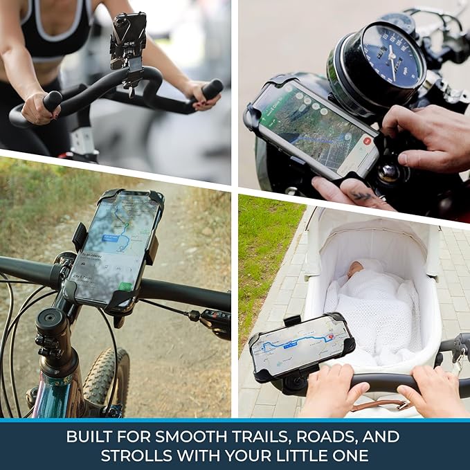 Roam Universal Black Net Bike Phone Mount Holder, 360° Rotation Hands Free Cell Navigation System for Motorcycle eBike Dirt Road Cruiser Scooter Jogging Stroller, Adjustable Up to 3.6" W x 7" L