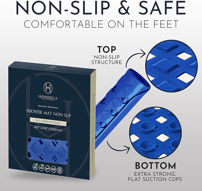 homerella® Shower Mat Non Slip Anti Mold, Non Slip Shower Mats for Inside Shower Stall Anti Slip Mat, Square Shower Floor Mat 21 x 21 in with Suction Cups & Hooks for Quick Drying, Machine Washable